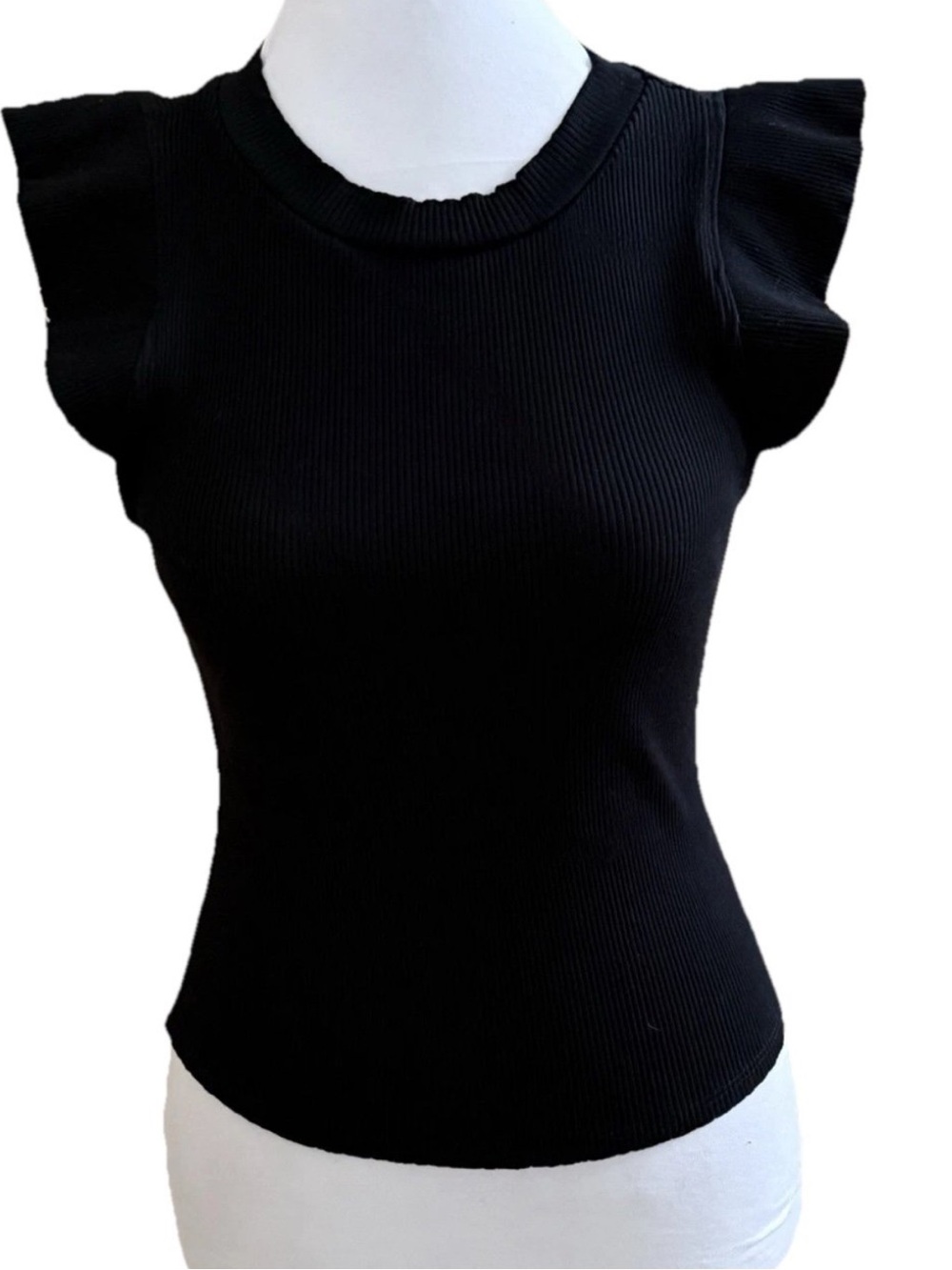 ALYA Black Ribbed Top flutter sleeve fitted crop style